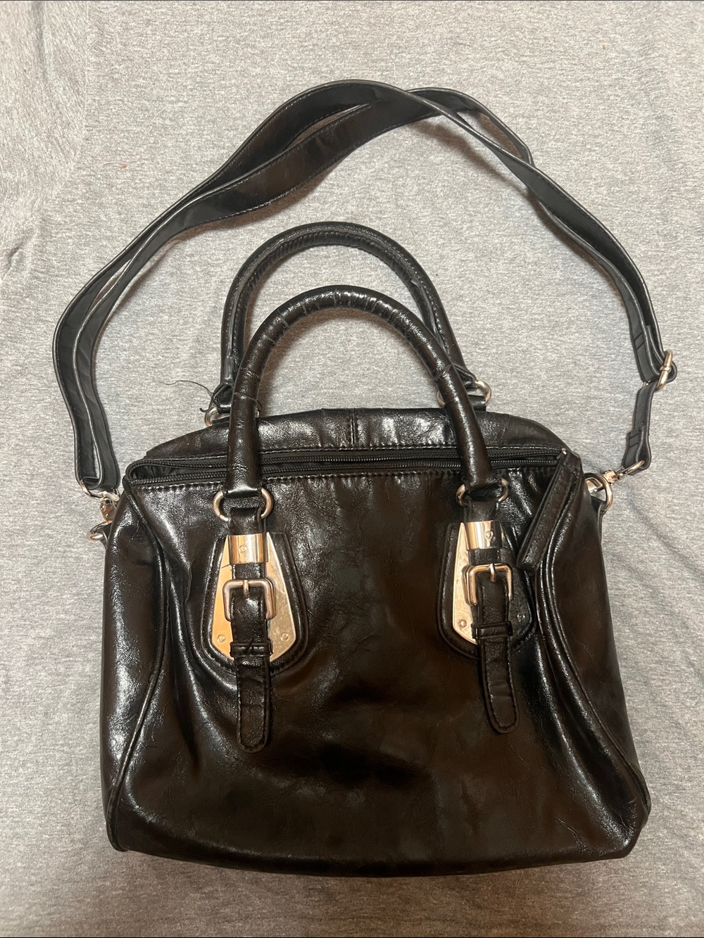 Black Leather Satchel Handbag with Strap